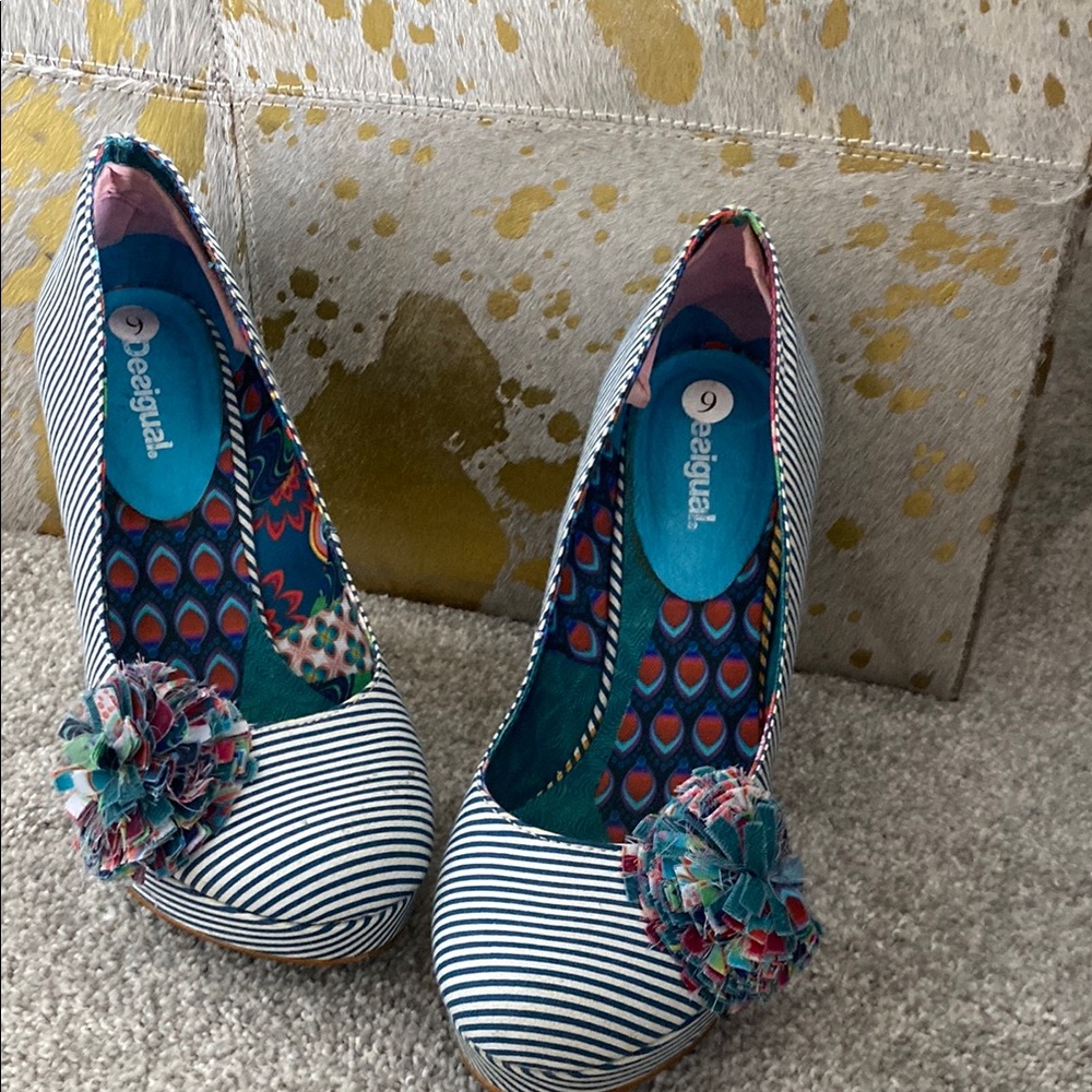 Desigual Blue and White Striped Heels with Floral Detail